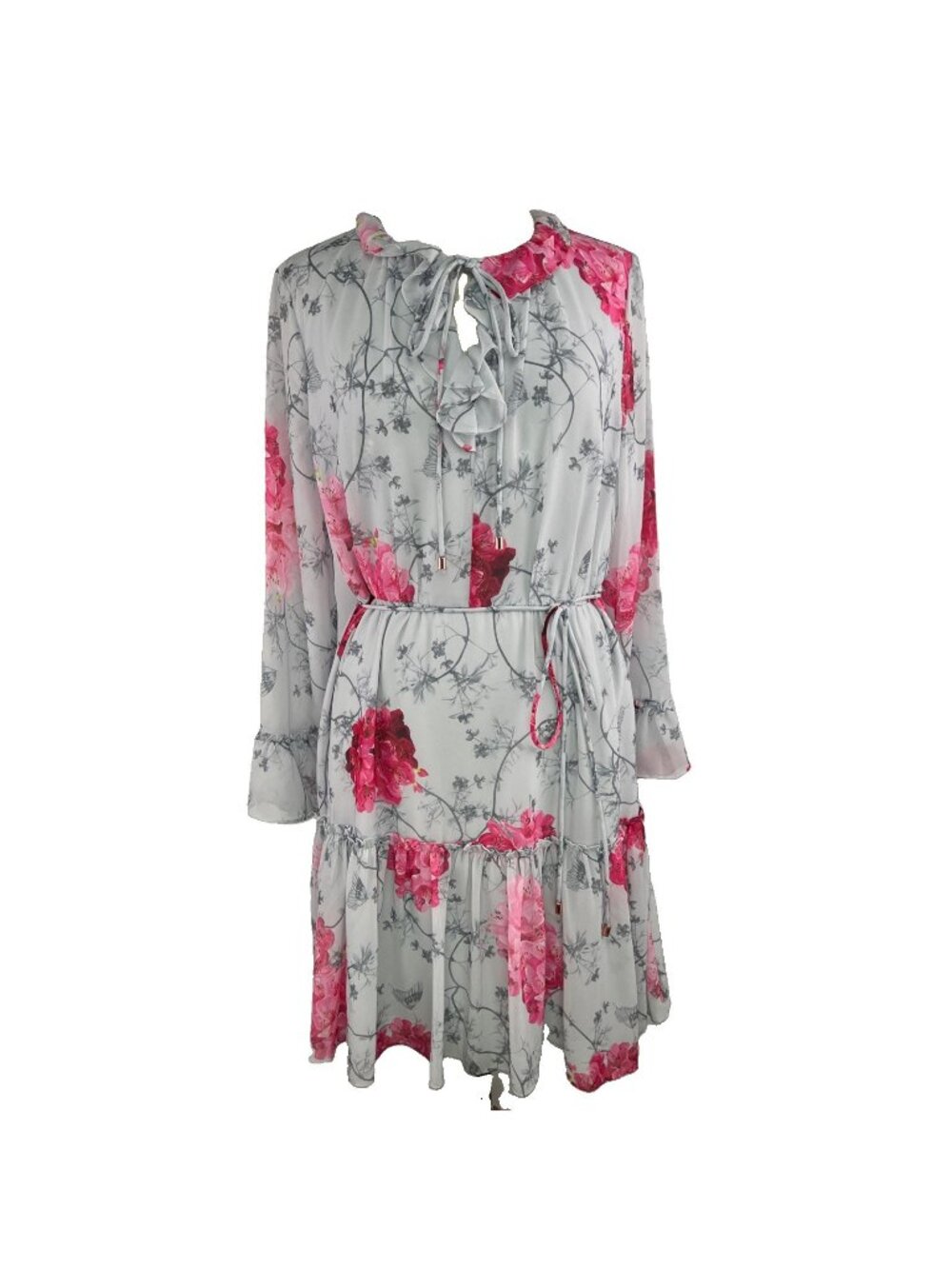 Ted Baker London Sz 8 US Babylon Floral Dress Ruffle Gray with Pink Flowers